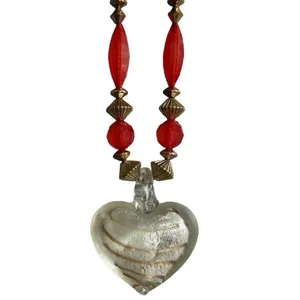 Artisan Glass‎ Heart Pendant Necklace Red Beaded Gold Tone Swirl Romantic Boho thumbnail 2