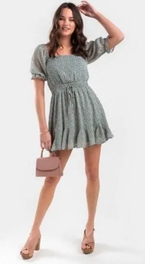 Francesca’s Mi Ami Floral Ruffle Chiffon Cottagecore Prairie Mini Dress Green Me thumbnail 1