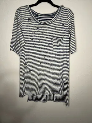 We The Free People Tommy Destroyed Blue White Striped Grunge Edgy Tshirt‎ thumbnail 2