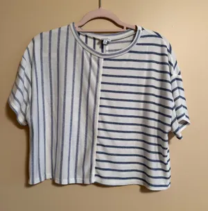 Francesca's Women’s cropped blue and white striped shirt thumbnail 1