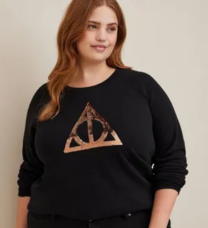 Torrid Harry Potter Deathly Hollows Sequin Graphic Raglan Sweatshirt Black 2X thumbnail 1