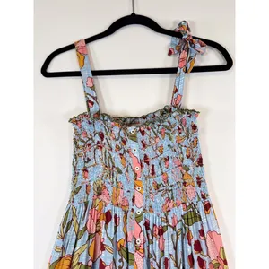 Poupette St Barth Dress Blue Midi Kleid Triny Floral Tank Tiered Smocked Boho XS thumbnail 8