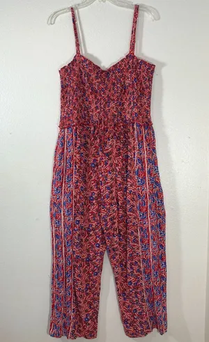 Fat Face Red Natalie Meadow Floral Milkmaid Cottagecore Wide Leg Jumpsuit Sz 12 thumbnail 1