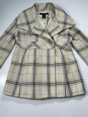 Calvin Klein Wool Blend Cream Plaid Double-Breasted Pea Coat Size Medium thumbnail 2