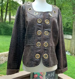 CATO L Large Brown Grommet Jacket with Mock Black Reptile Pattern Top thumbnail 1