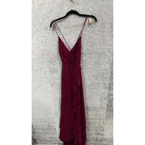 Lulus Women Maxi Dress S Burgundy Cascading Ruffles Lace Up Back 66642 thumbnail 2