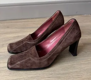 Y2K 2000s Marcello Barani chocolate brown suede heeled loafers made in Italy 6 thumbnail 1