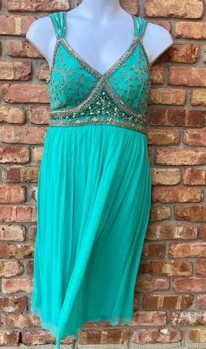 Vintage Stenay Green Gold Beaded Silk Fit & Flare Pleated Midi Dress Size 14 thumbnail 1