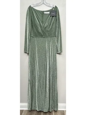IEENA for Mac Duggal Faux Wrap Gown Maxi Dress Sz 12 Jade Green Metallic stretch thumbnail 16
