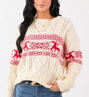 Fair Isle Cable Knit Crew Neck Sweater thumbnail 1
