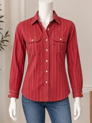 Lauren Ralph Lauren Red Navy Striped Button Up Shirt Cotton Womens S thumbnail 1