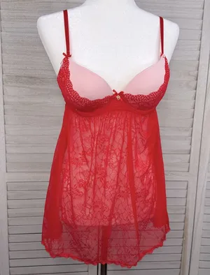 DAISY FUENTES Push Up Babydoll Lace Lingerie Top Red/Pink-Medium thumbnail 1