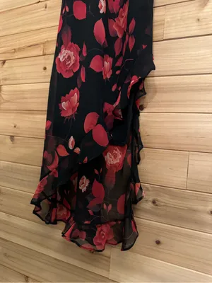 Vintage Y2K Small Black Red Floral Rose Ruffle Maxi Dress Salsa Whimsigoth Party thumbnail 4
