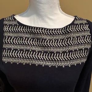 THML Anthropologie Navy Blue Embroidered Shift Dress Small 3/4 Sleeve‎ Boho thumbnail 3