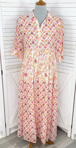 Dolma Kelly Floral Boho Tiered Midi Dress Pink Orange Large Cotton Mosaic thumbnail 1