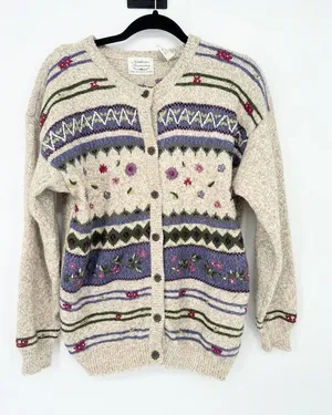 Vtg Northern Treasures Wool‎ Blend Granny Sweater Cardigan M Cottagecore Floral thumbnail 1