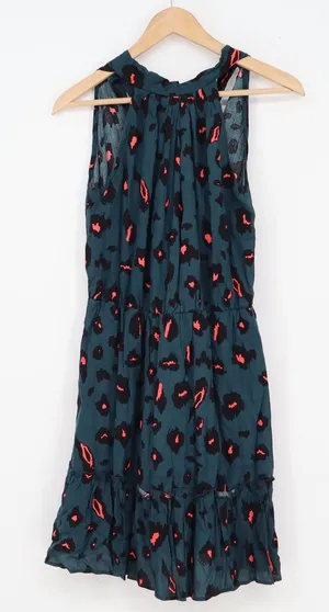 BTFBM Teal Animal Print Halter Mini Dress Sleeveless Ruffle Hem Small thumbnail 1