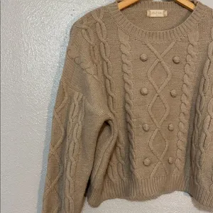 Altar'd State Beige Cropped Cable Knit Chunky Bobble Sweater Cozy Preppy Pom M thumbnail 5