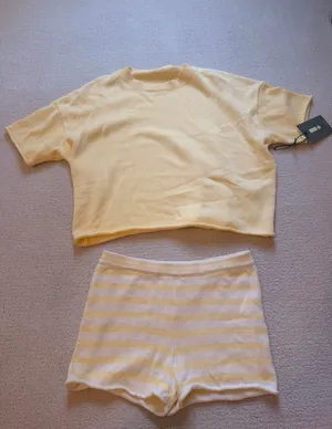 NWT Daily Drills Yellow Beach Knit Cropped Sleeve Top and Beach Knit Mini Shorts both XS/S thumbnail 2