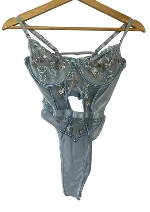 Unbranded Floral Lace Lingerie Teddy S Blue Women Embroidered Sheer Bodysuit thumbnail 1
