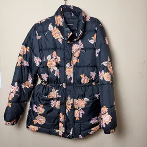WHO WHAT WEAR Cinch Waist Floral Black Quilted Puffer Size large thumbnail 2
