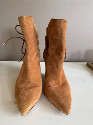 TORY BURCH Lila Ankle Bootie Camel Brown Suede 7.5 Boho Minimalist Quiet Luxury thumbnail 6