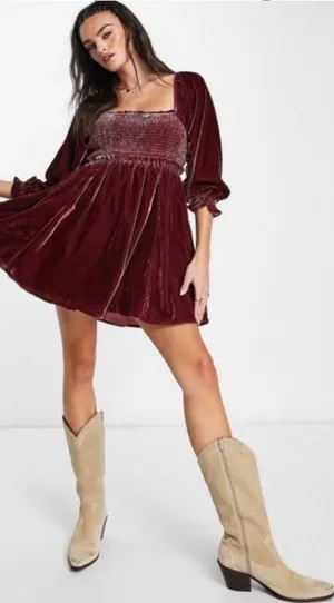 Free People Daphne Boho-Chic Velvet Whimsical Grunge Mini Dress Lace Back Sz S thumbnail 1