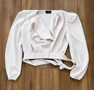Milk & Honey Ivory Wrap Crop Blouse Puff Sleeve Size S Feminine Tie Waist thumbnail 1