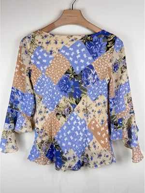 Jonathan Martin Studio Y2K Floral Patchwork Bell Sleeve Blouse Blue Tan Size S thumbnail 7