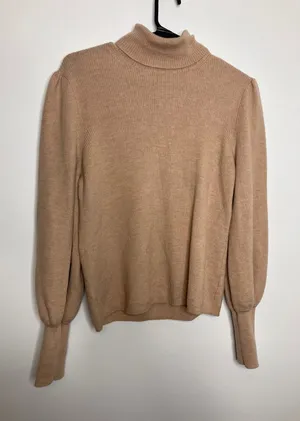 J.Crew Turtleneck Sweater Womens L Tan Excellent Merino Wool Puff Sleeve Ribbed thumbnail 1