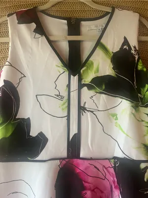 Floral V-Neck Midi Dress in White with Pink & Green Accents thumbnail 3