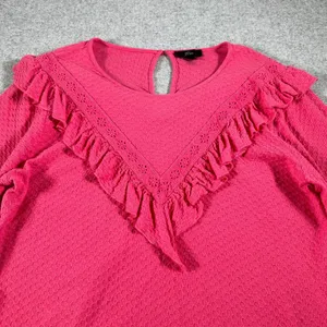 J. Crew Medium Womens Top Blouse Honeycomb Pattern Ruffle Neck Pink Puffy Sleeve thumbnail 2
