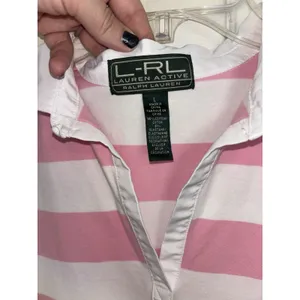 Y2K Lauren Active Ralph Lauren Pink White Stripe Polo Crest Preppy Golf L thumbnail 4