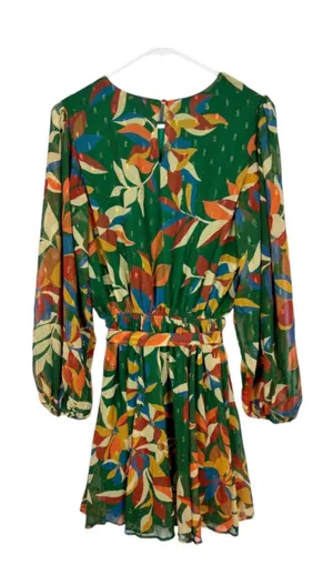 Flying Tomato Green Tropical Floral Boho Chiffon Long Sleeve Mini Dress Small thumbnail 2
