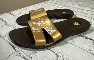 OKABASHI Women’s Gold Brown Slides Size Medium Slip On Sandals US Sz 6.5-7.5 thumbnail 1