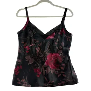 Vintage Y2K M Medium Cami Tank Top Dark Romantic Gothic Floral Shirt Black Satin thumbnail 2