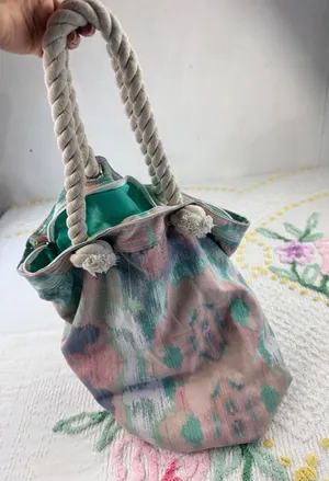 Abstract Beach Tote Bag Rope Handles‎ Turquoise Lining Travel Shopper thumbnail 1