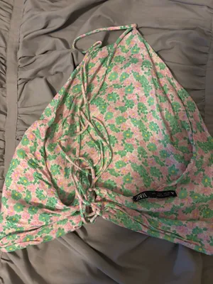 Zara pink and green floral halter top thumbnail 2