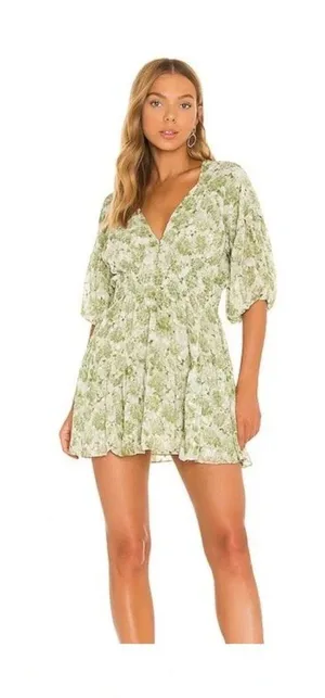 Misa Green White Seven Floral Deep V Puff‎ Sleeve Mini Dress thumbnail 1