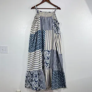 Universal Thread Womens 1X Blue White Patchwork Gingham Smocked Maxi Midi Dress thumbnail 4