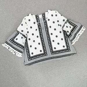 Soho New York & Comp Boho Fringe‎ Hem Floral Popover Shirt White Black Large thumbnail 13