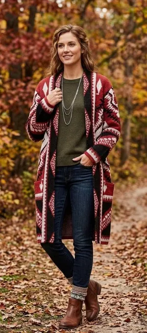 Bibi Southwestern Chunky Duster Cardigan Red Size XL Western Boho Rodeo Preppy thumbnail 1