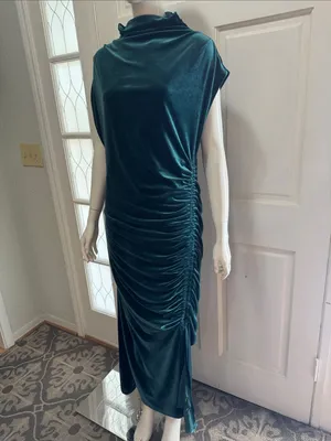 ANTHROPOLOGIE The Maya Stretch Velvet Cowl-Neck Em Teal Velvet Ruched Dress S XL thumbnail 10