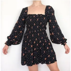 Free People Smocked Mini Dress M‎ Black Floral Square Neck Boho Long Sleeve thumbnail 1
