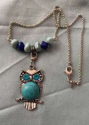 14” Necklace Silver Tone Owl On Branch Pendant Turquoise & Blue Stones thumbnail 1