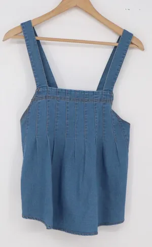 GUBERRY Pinafore Top Womens L Pleated Denim Light Blue Crossover Excellent thumbnail 1