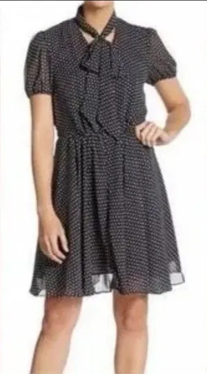 Betsey Johnson Navy Polka Dot Chiffon Puff Sleeve Tie Neck Knee Dress Size 10 thumbnail 1