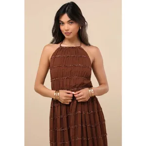 NWT Lulus Madriana Brown Halter Neck Ruffed Midi Dress Bohemian Summer Sz M thumbnail 3