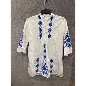 Zara Women Tunic Top XS White Blue Floral Embroidered Boho 3/4 Sleeve thumbnail 5
