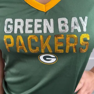 NFL Green Bay Packers Women's Green V-Neck Jersey with Sequin Lettering Sz S NWT thumbnail 2